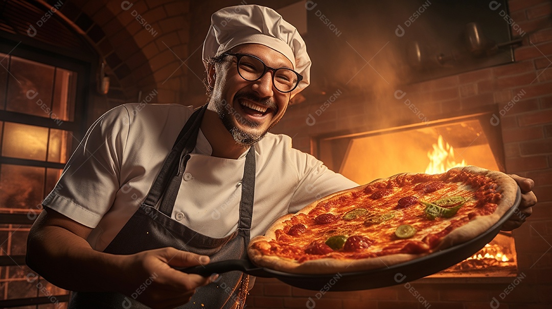 Um homem com chapéu de chef sorrindo e segurando pizza