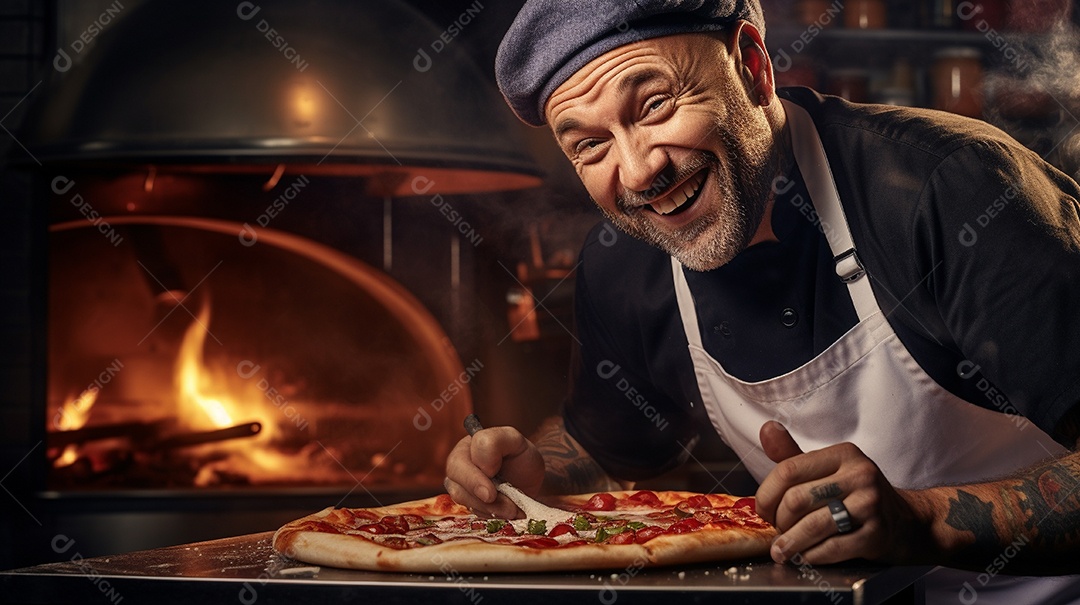 Um homem com chapéu de chef sorrindo e segurando pizza