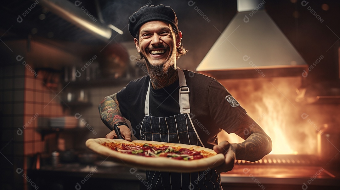 Um homem com chapéu de chef sorrindo e segurando pizza