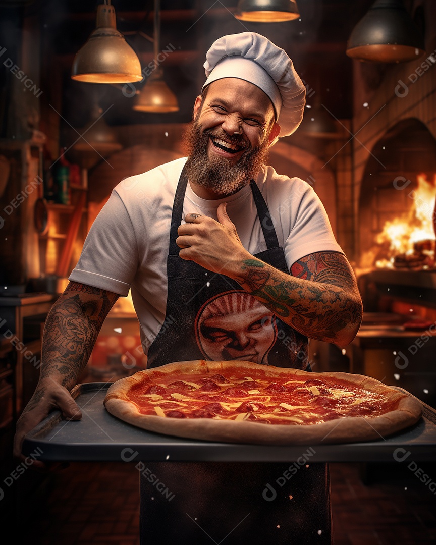 Um homem com chapéu de chef sorrindo e segurando pizza