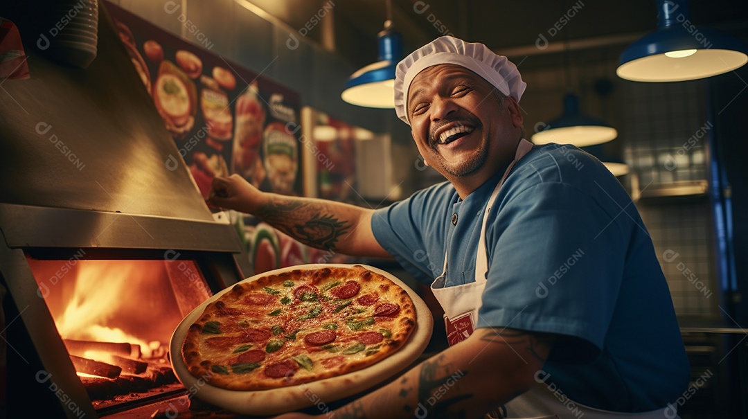 Um homem com chapéu de chef sorrindo e segurando pizza