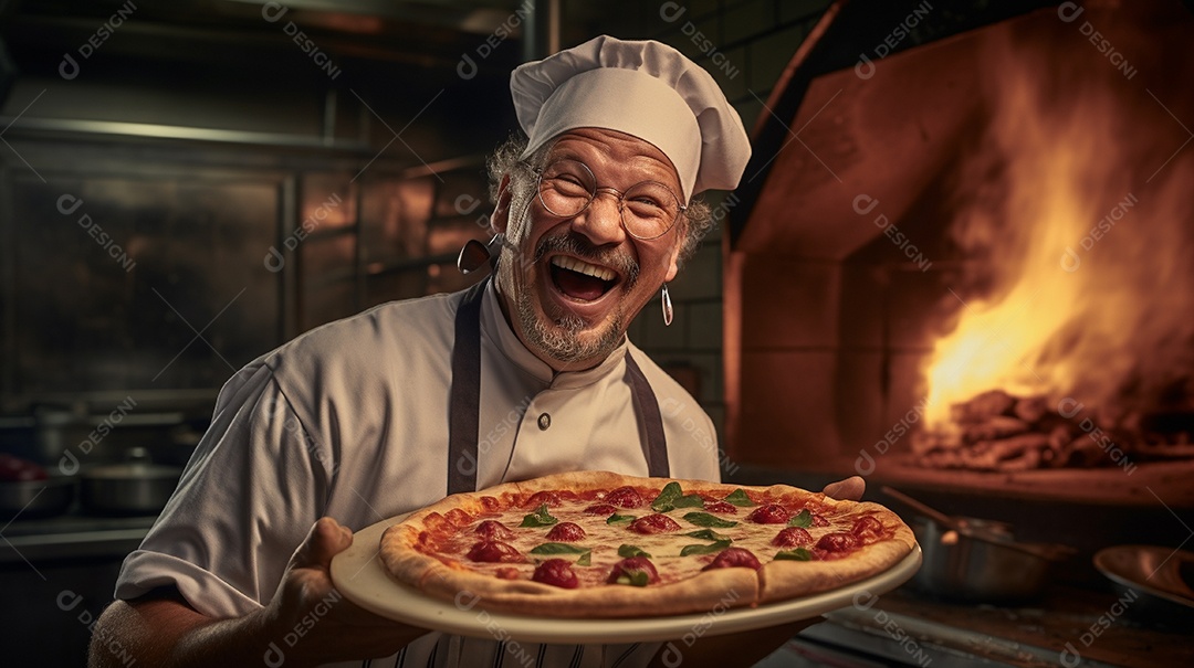 Um homem com chapéu de chef sorrindo e segurando pizza