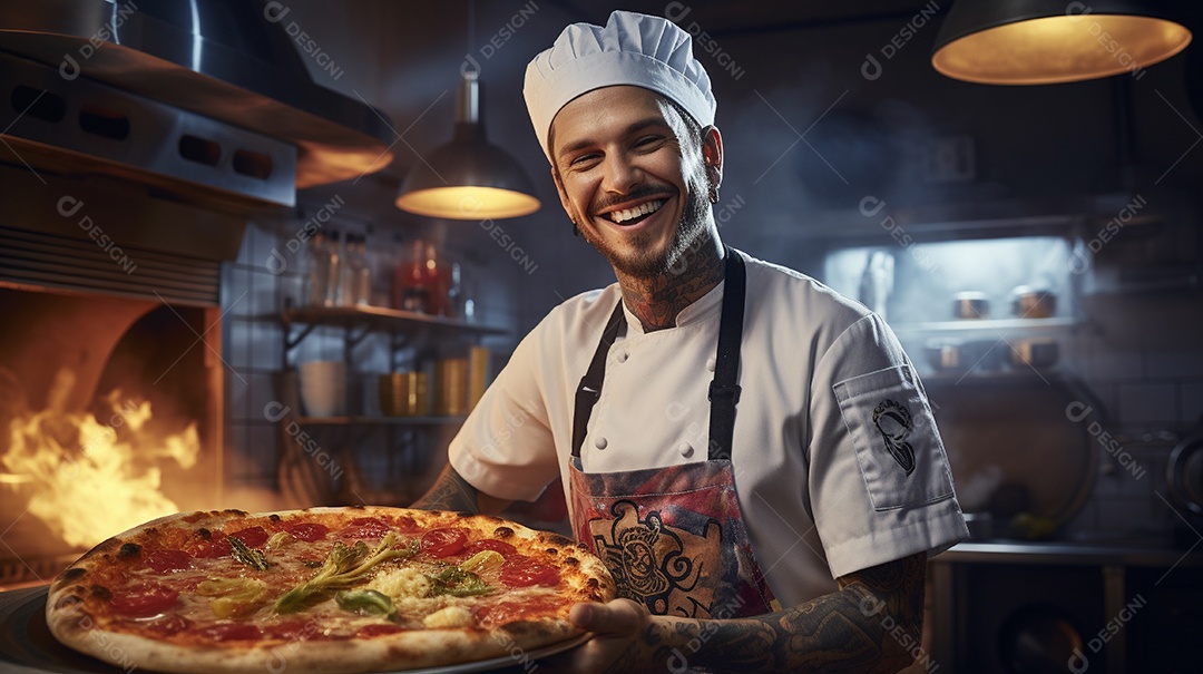 Um homem com chapéu de chef sorrindo e segurando pizza
