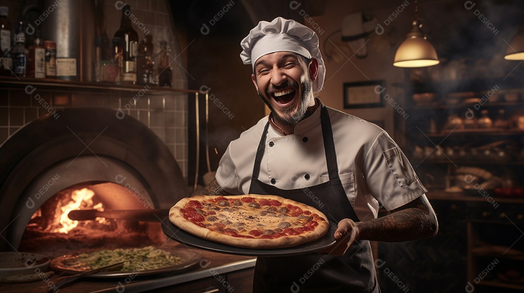 Um homem com chapéu de chef sorrindo e segurando pizza