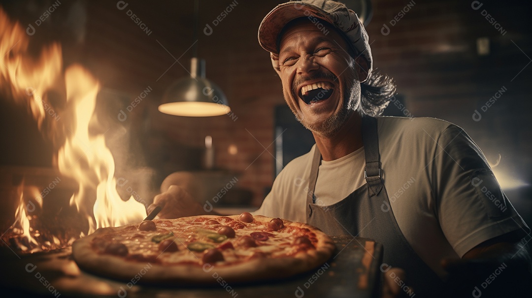Um homem com chapéu de chef sorrindo e segurando pizza