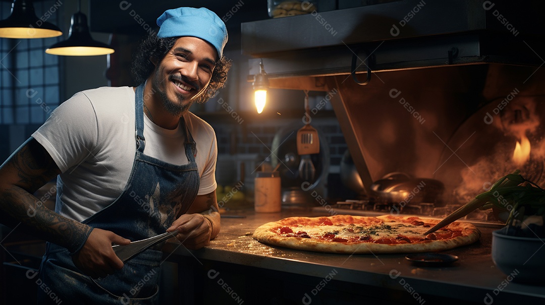 Um homem com chapéu de chef sorrindo e segurando pizza