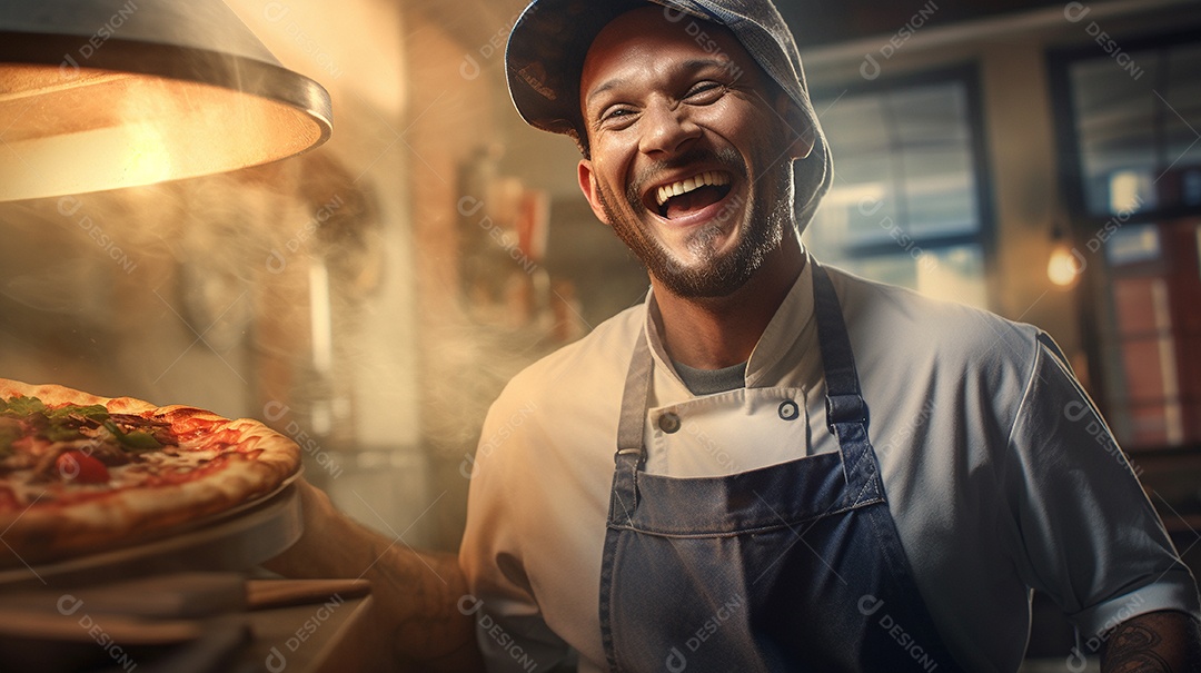 Um homem com chapéu de chef sorrindo e segurando pizza