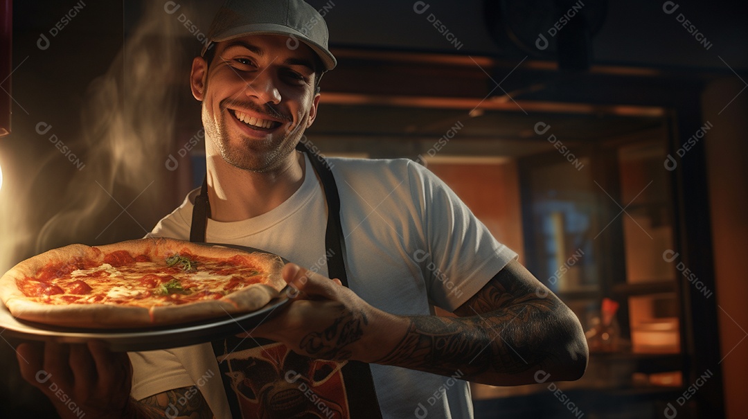 Um homem com chapéu de chef sorrindo e segurando pizza