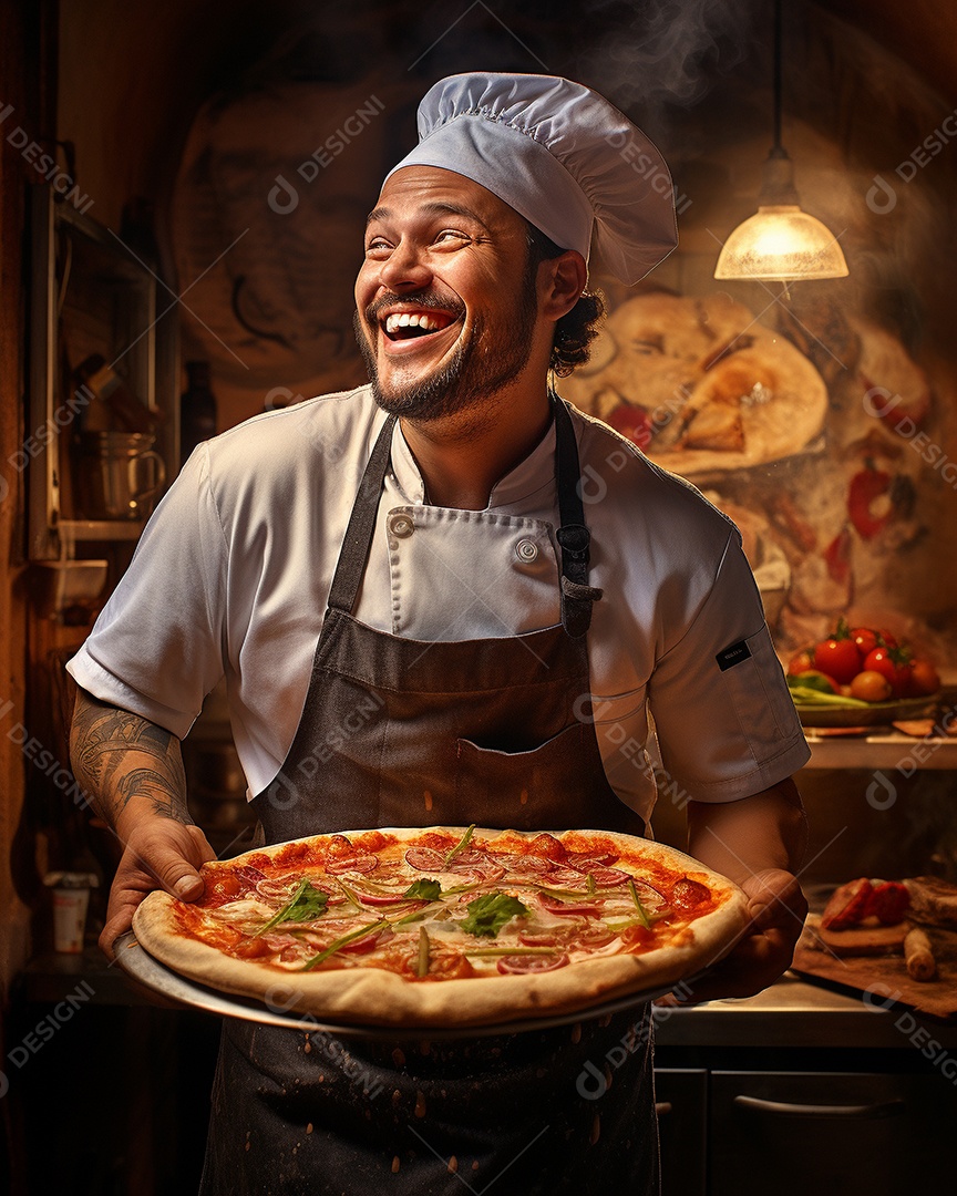 Um homem com chapéu de chef sorrindo e segurando pizza
