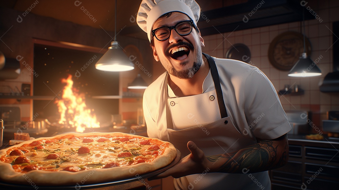 Um homem com chapéu de chef sorrindo e segurando pizza