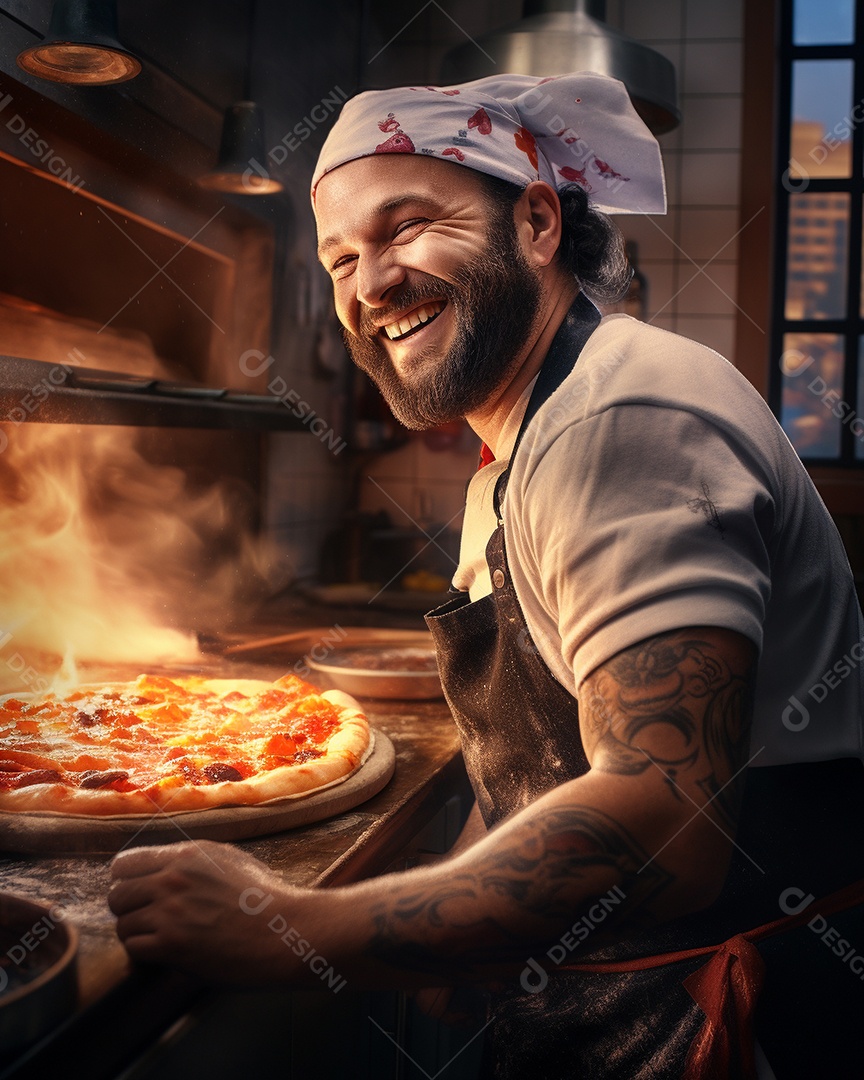 Um homem com chapéu de chef sorrindo e segurando pizza