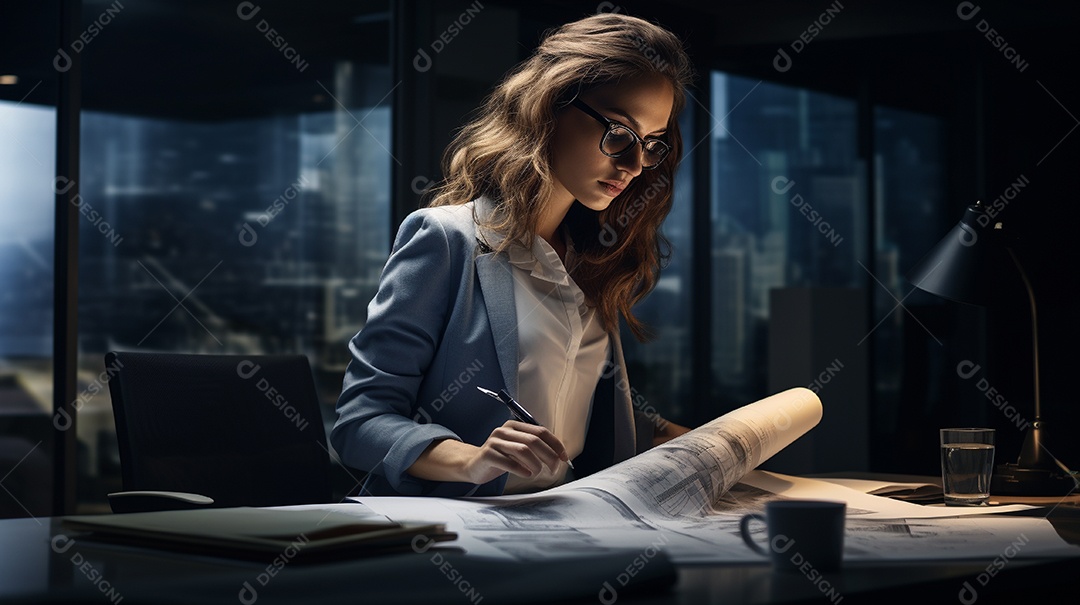 Mulher engenheira trabalhando em um escritório de arquitetura moderna