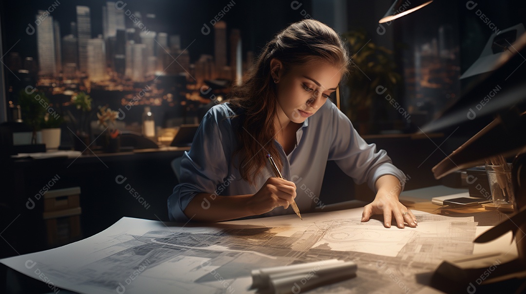 Mulher engenheira trabalhando em um escritório de arquitetura moderna