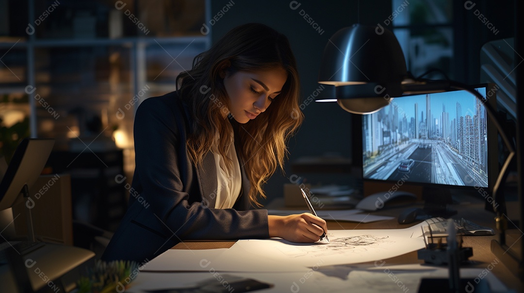 Mulher engenheira trabalhando em um escritório de arquitetura moderna