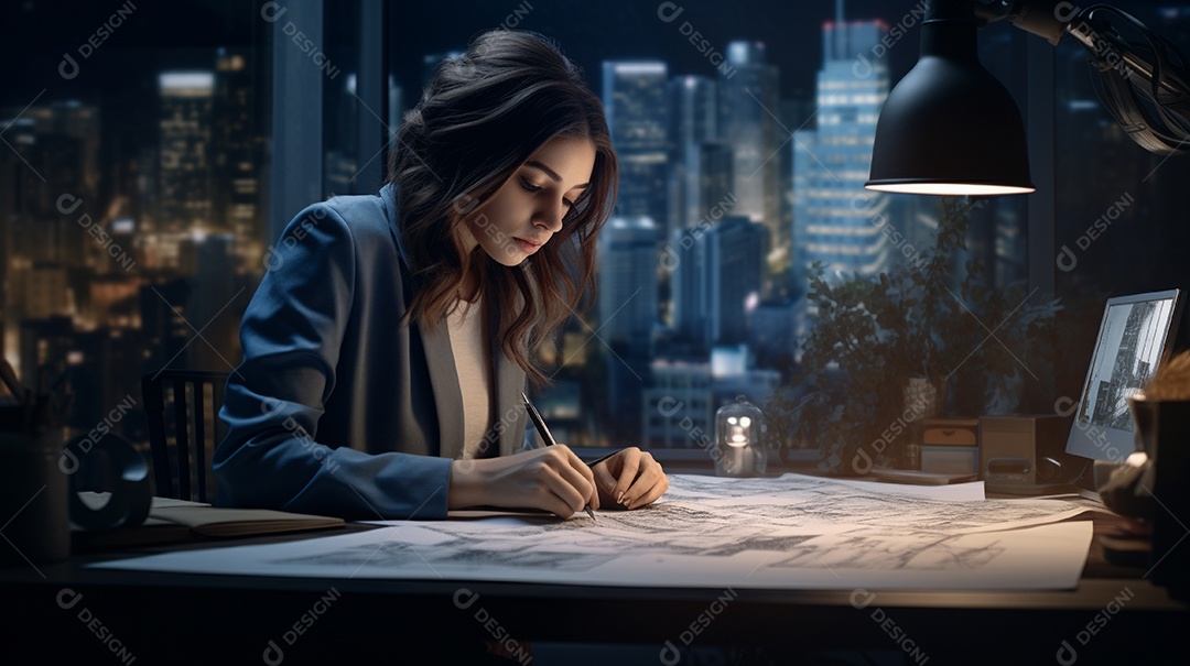 Mulher engenheira trabalhando em um escritório de arquitetura moderna