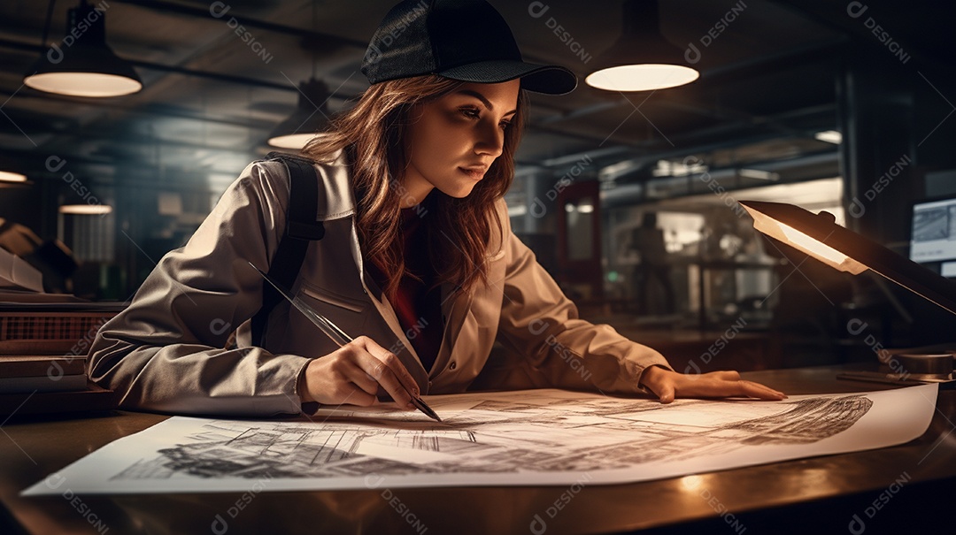 Mulher engenheira trabalhando em um escritório de arquitetura moderna