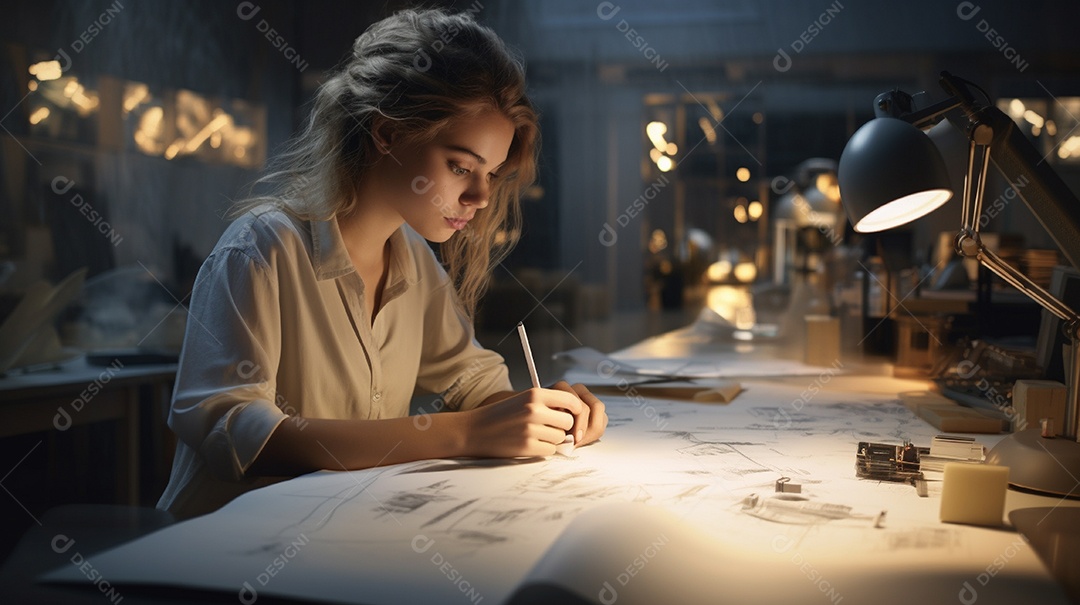 Mulher engenheira trabalhando em um escritório de arquitetura moderna