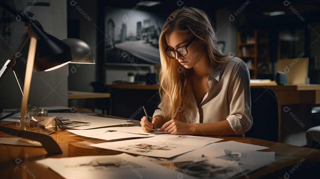 Mulher engenheira trabalhando em um escritório de arquitetura moderna