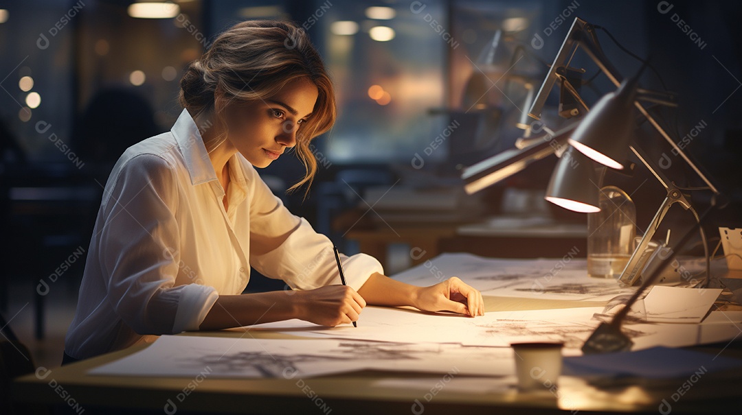 Mulher engenheira trabalhando em um escritório de arquitetura moderna