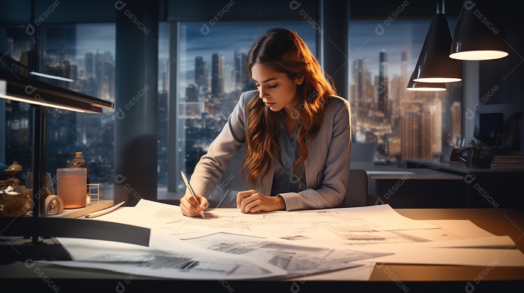 Mulher engenheira trabalhando em um escritório de arquitetura moderna
