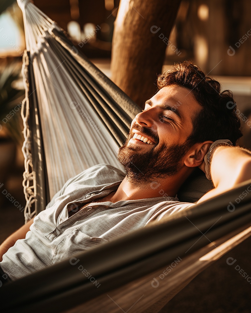 Um homem relaxado descansa deitado em uma rede