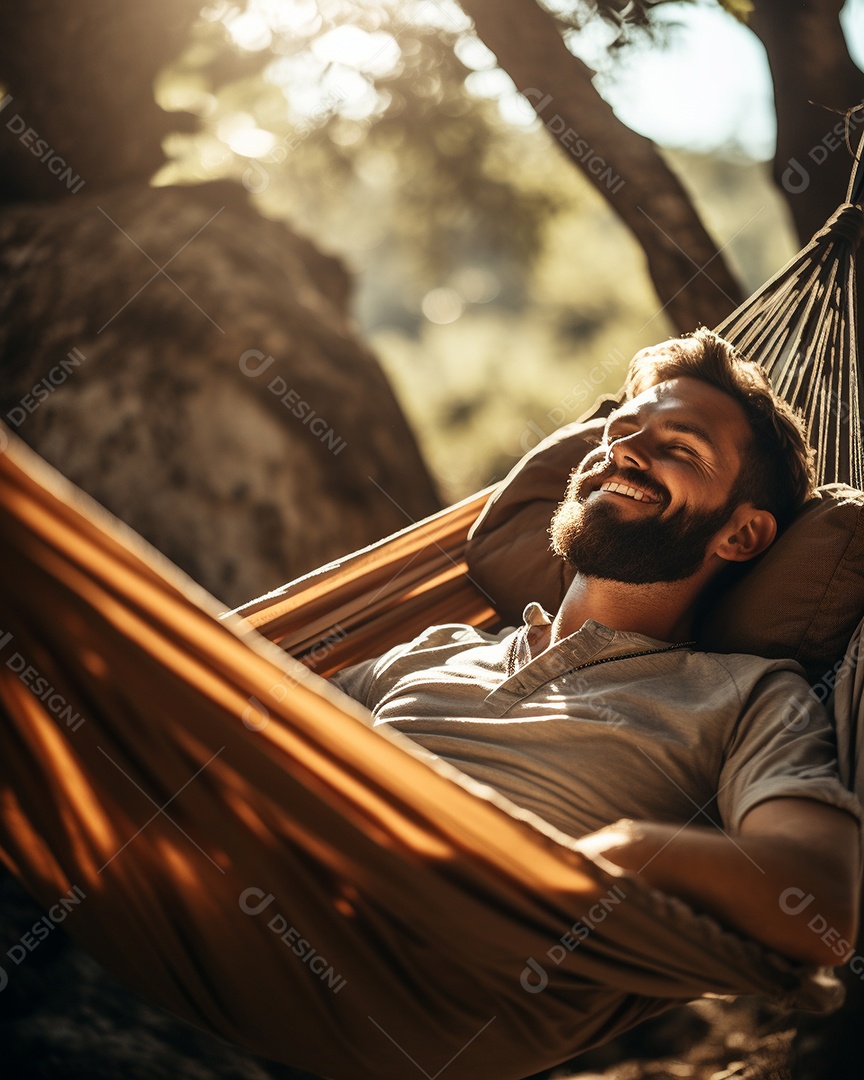 Um homem relaxado descansa deitado em uma rede