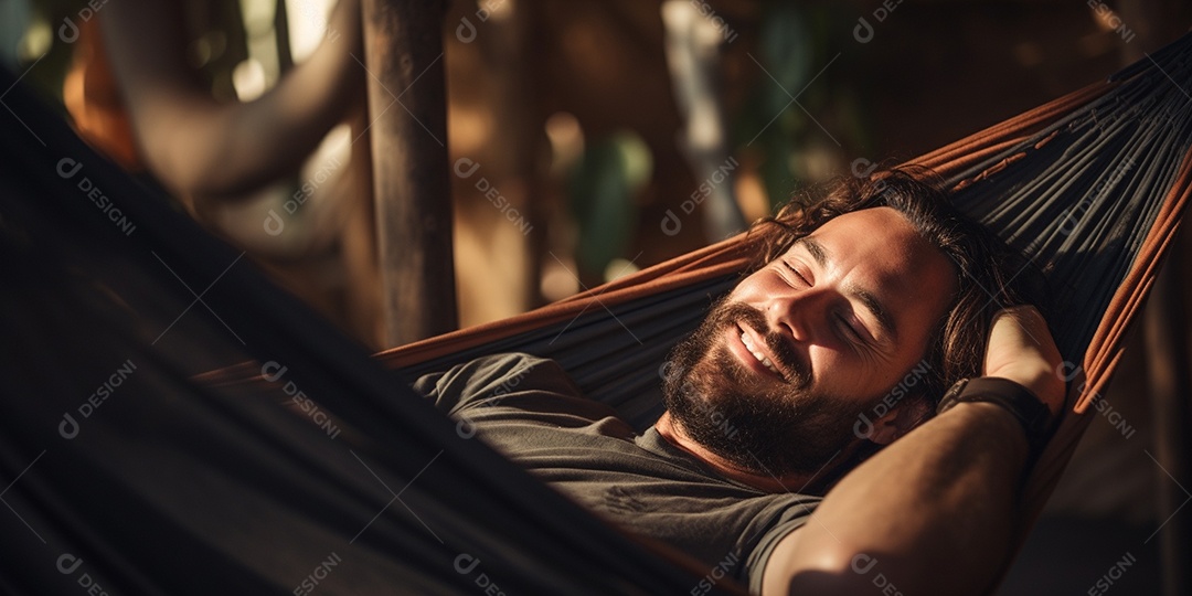 Um homem relaxado descansa deitado em uma rede