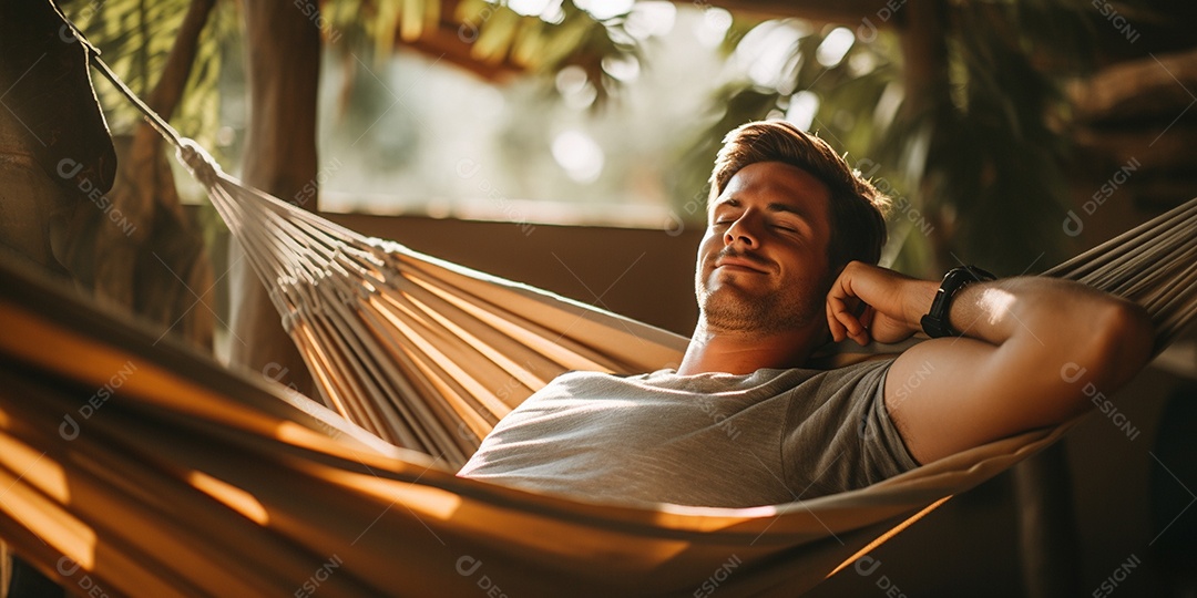 Um homem relaxado descansa deitado em uma rede