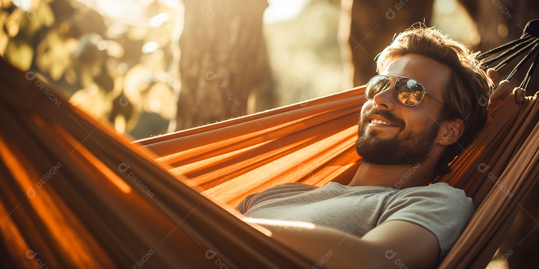 Um homem relaxado descansa deitado em uma rede