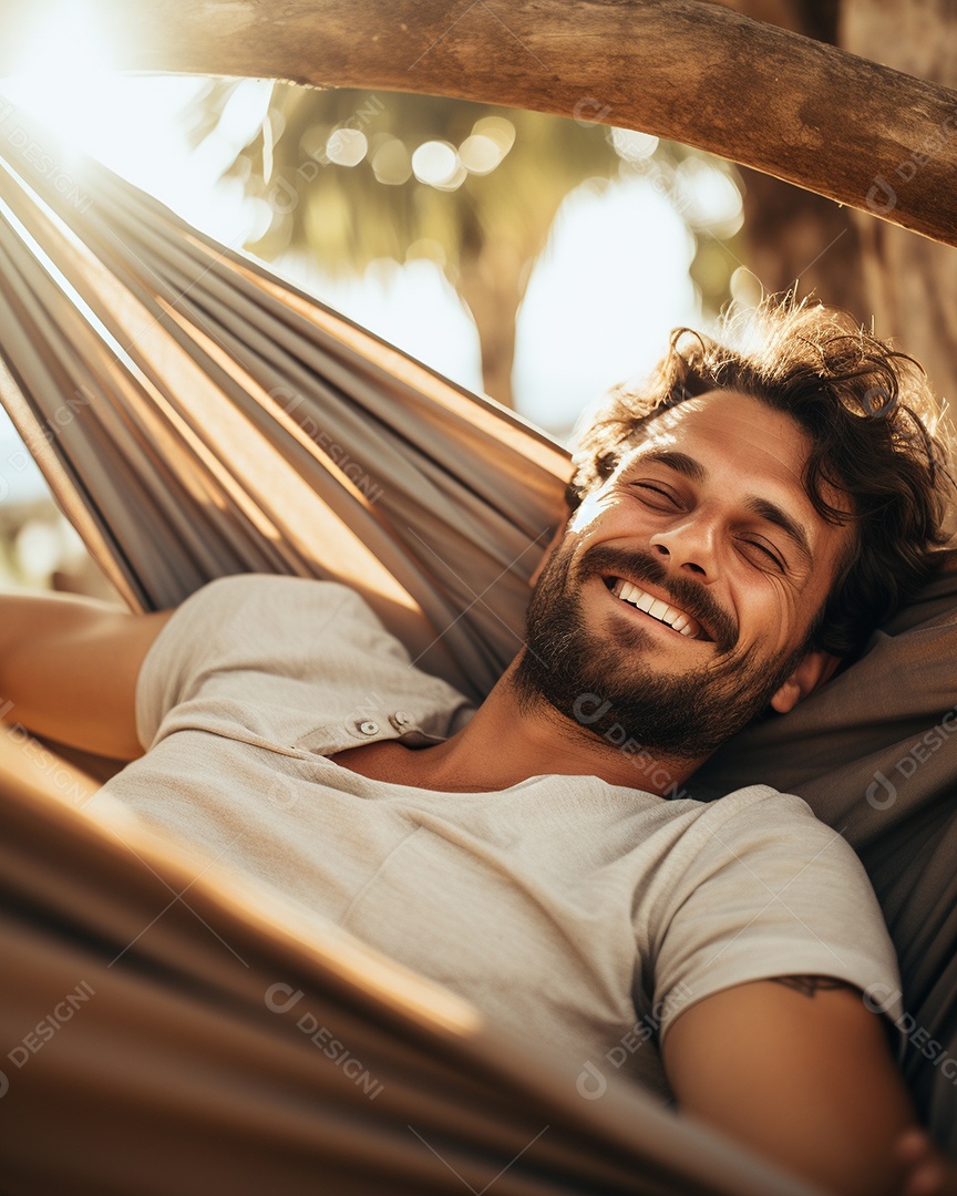 Um homem relaxado descansa deitado em uma rede