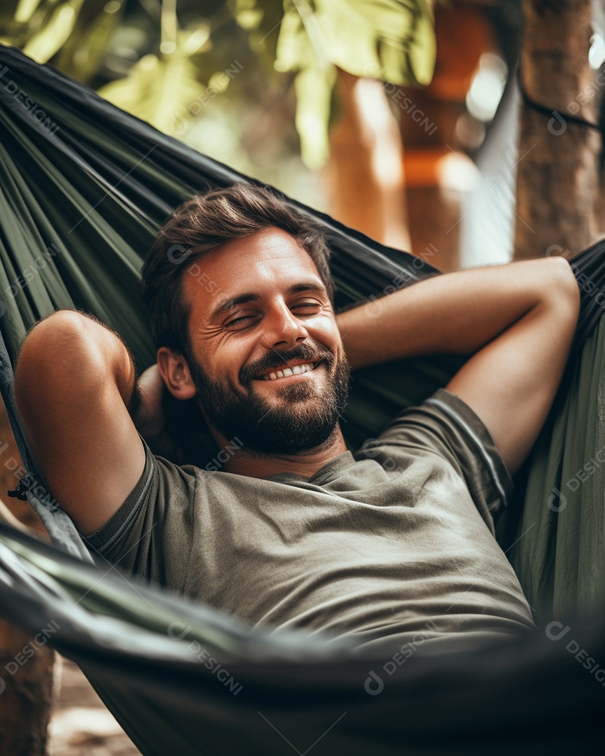 Um homem relaxado descansa deitado em uma rede