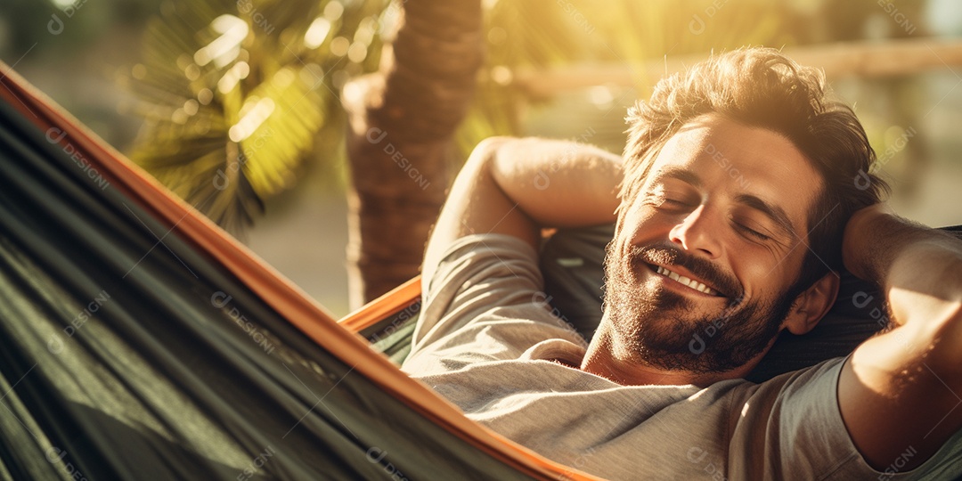 Um homem relaxado descansa deitado em uma rede