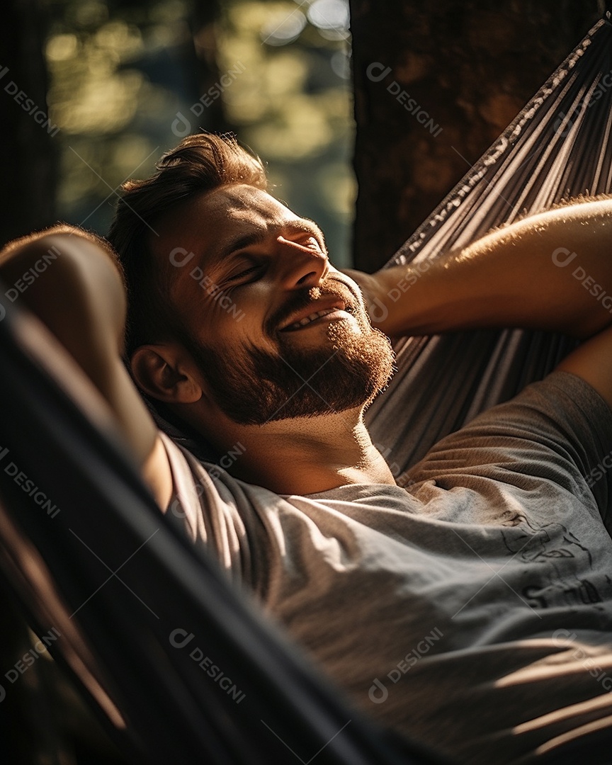 Um homem relaxado descansa deitado em uma rede