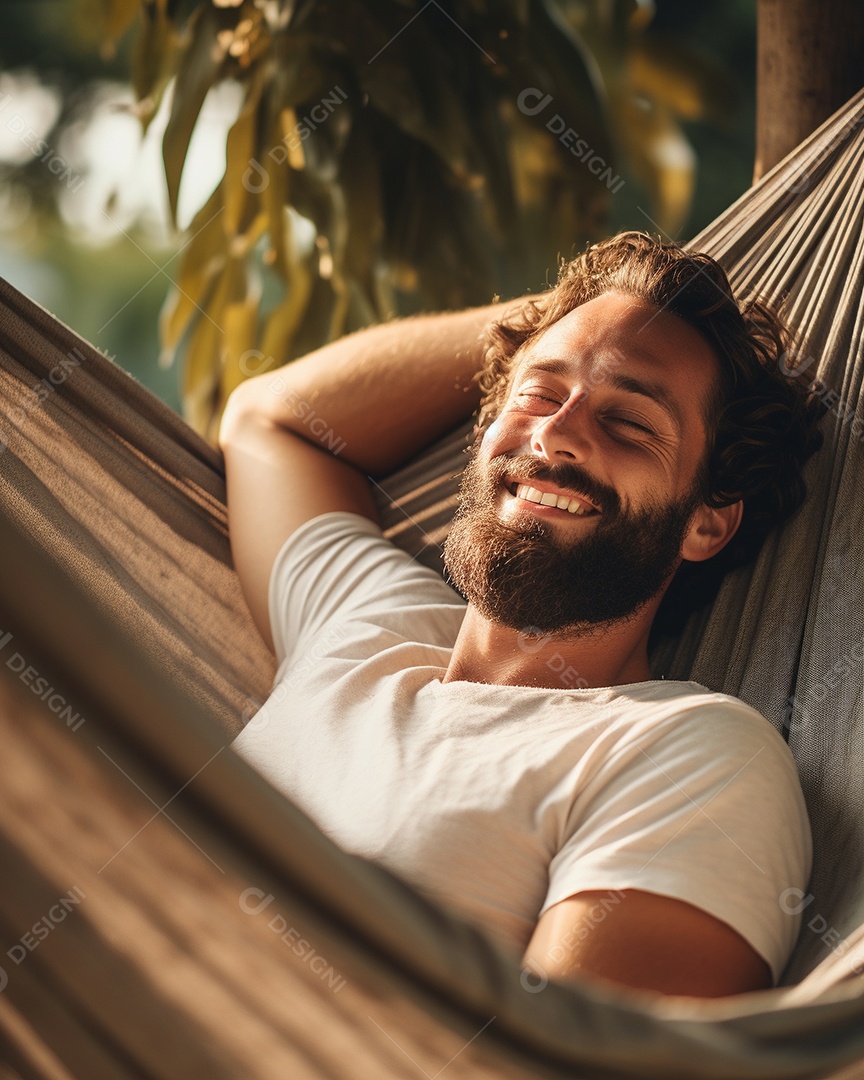 Um homem relaxado descansa deitado em uma rede
