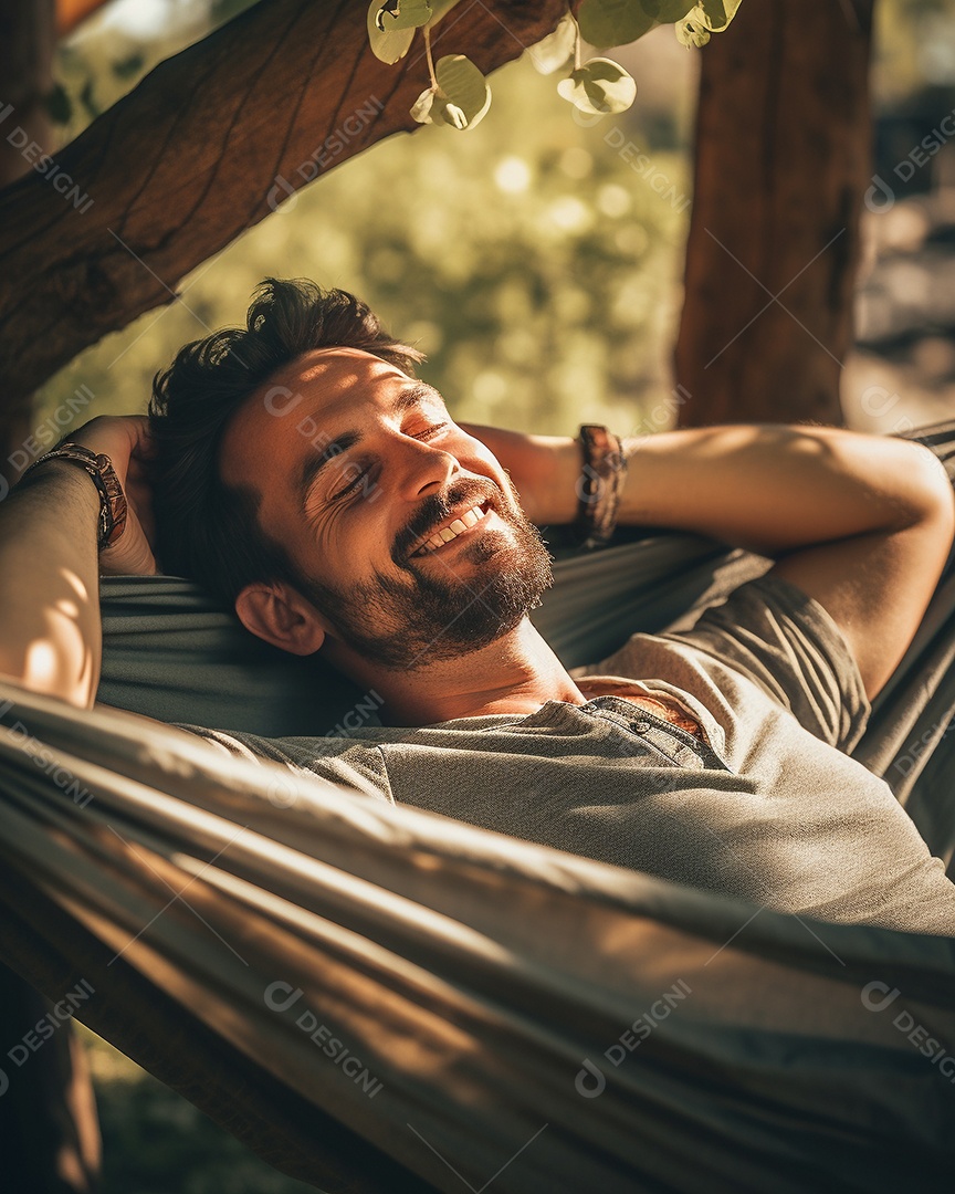 Um homem relaxado descansa deitado em uma rede