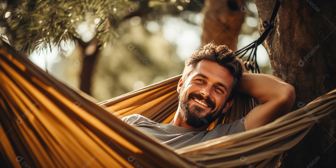 Um homem relaxado descansa deitado em uma rede