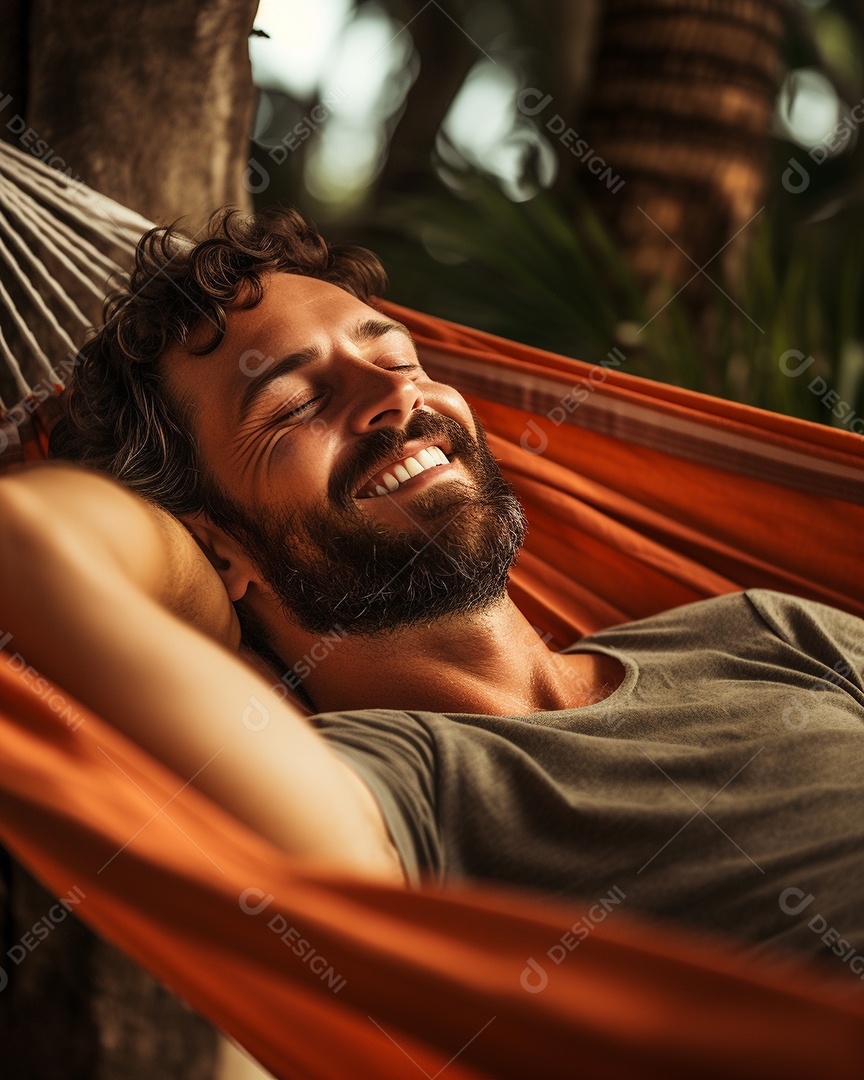 Um homem relaxado descansa deitado em uma rede