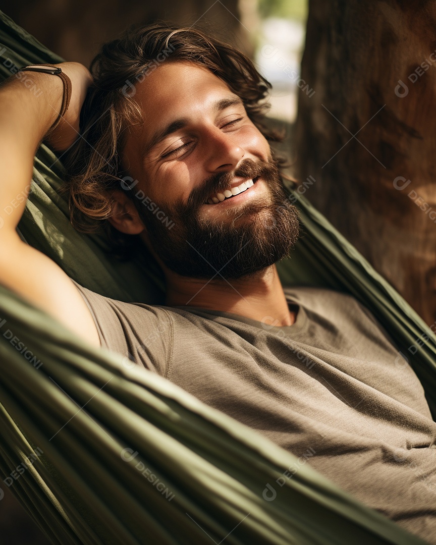 Um homem relaxado descansa deitado em uma rede