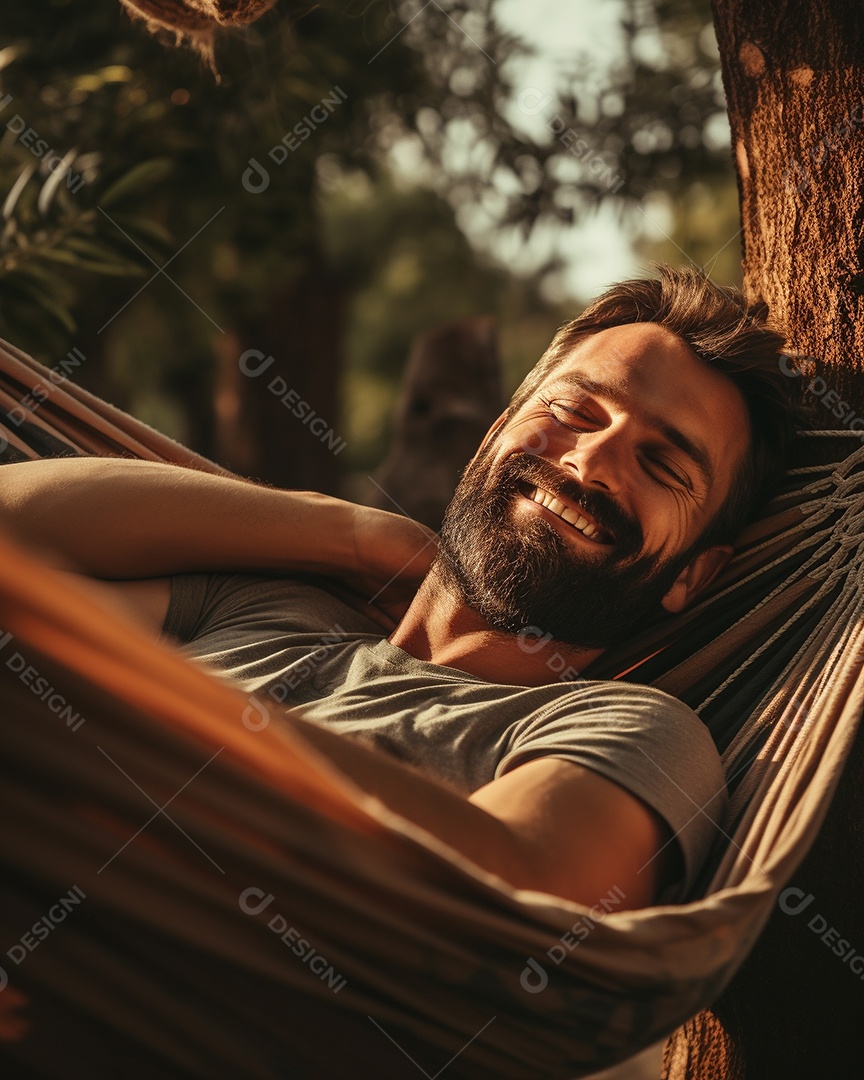 Um homem relaxado descansa deitado em uma rede