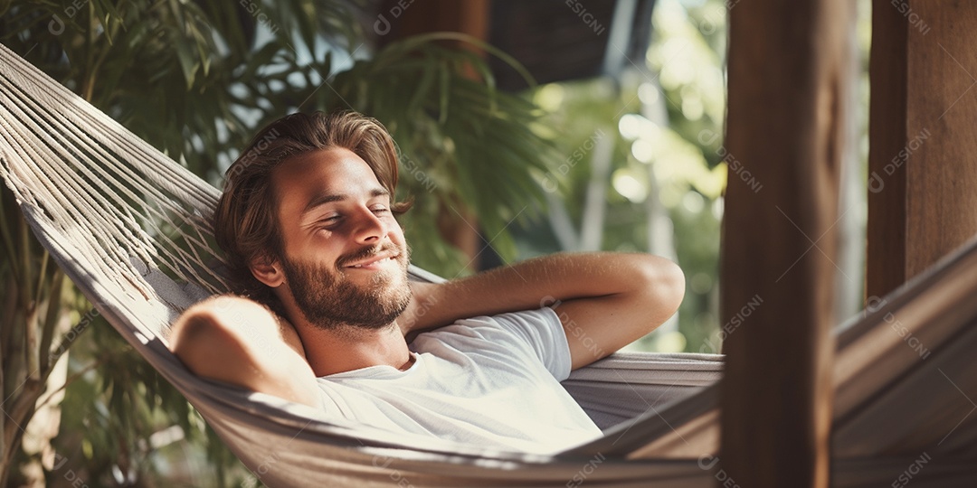 Um homem relaxado descansa deitado em uma rede