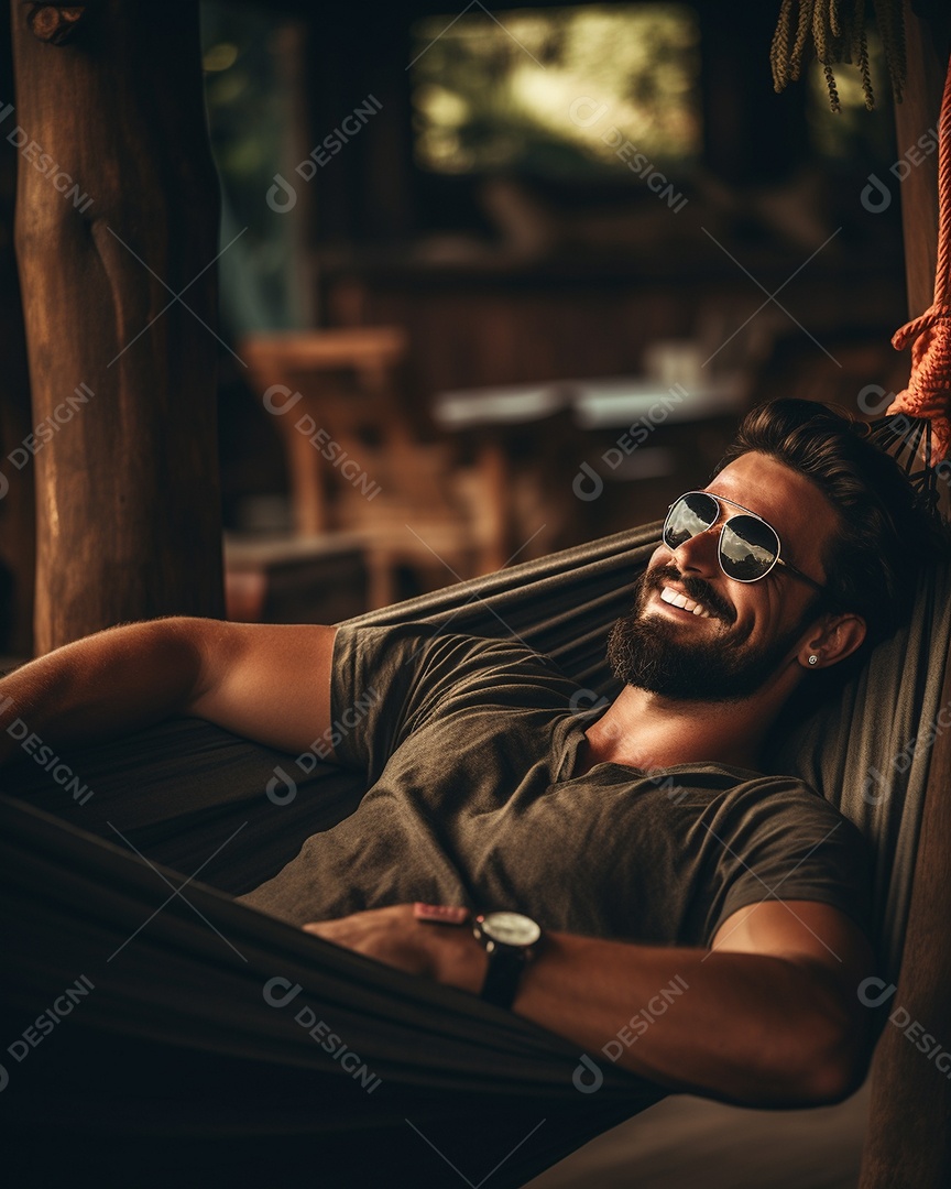 Um homem relaxado descansa deitado em uma rede