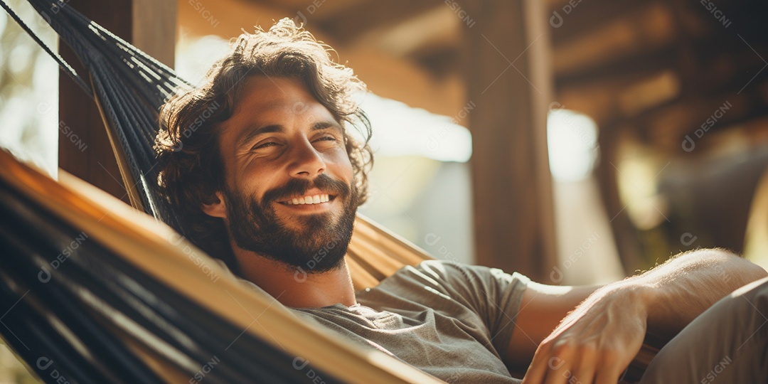 Um homem relaxado descansa deitado em uma rede