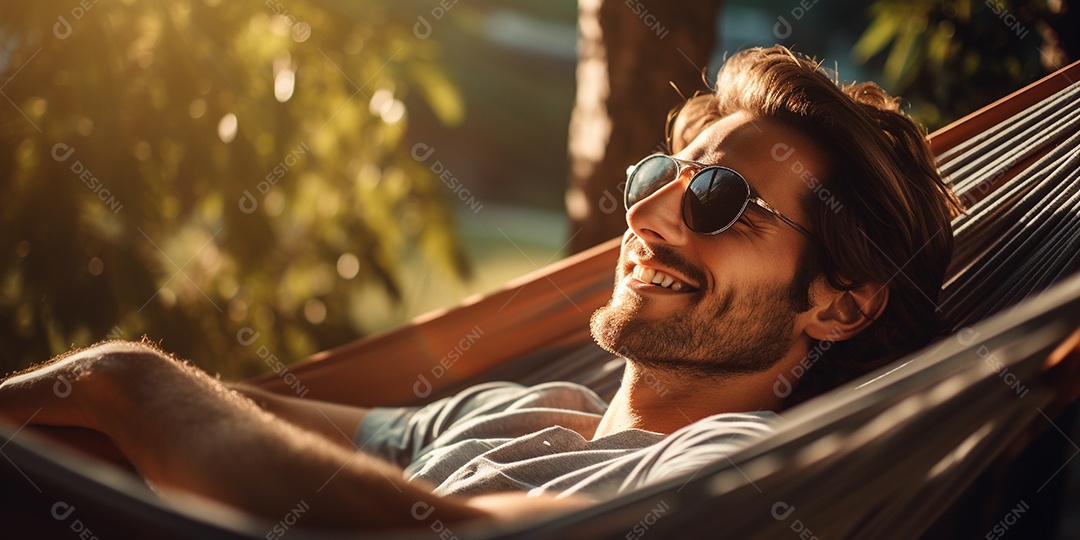 Um homem relaxado descansa deitado em uma rede