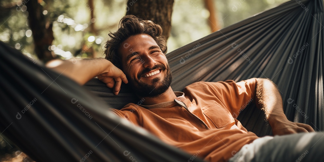 Um homem relaxado descansa deitado em uma rede