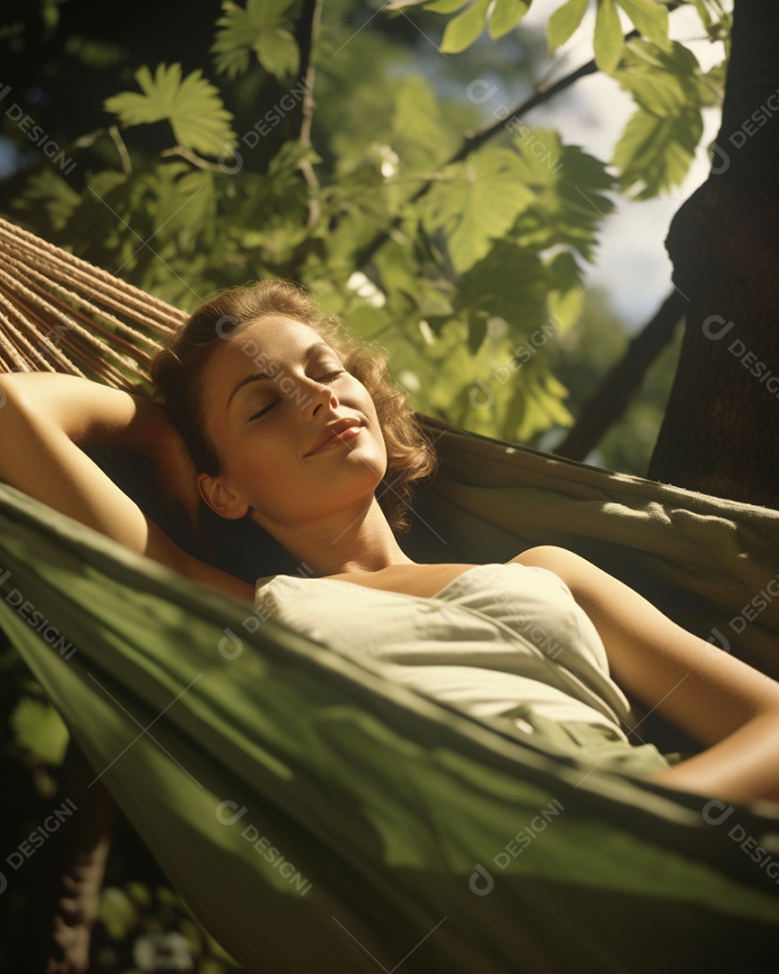 Uma mulher relaxada descansa deitada em uma rede
