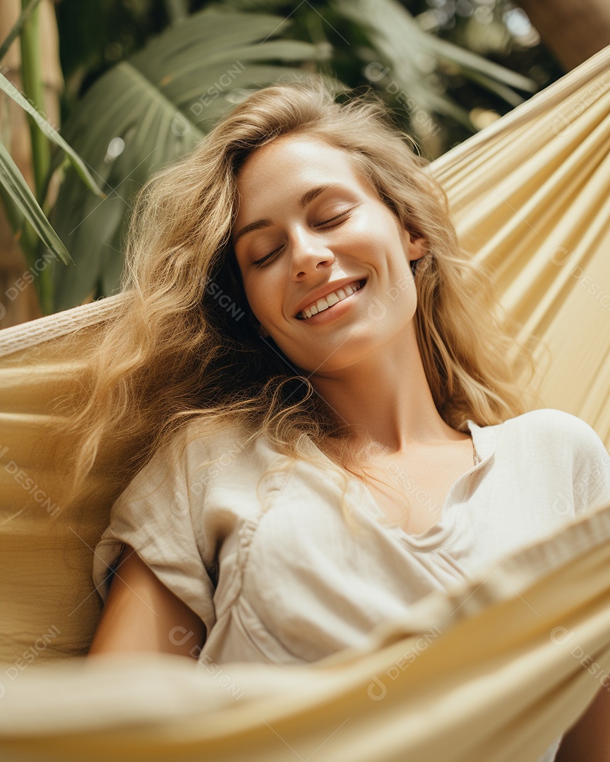 Uma mulher relaxada descansa deitada em uma rede