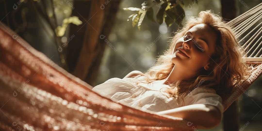 Uma mulher relaxada descansa deitada em uma rede