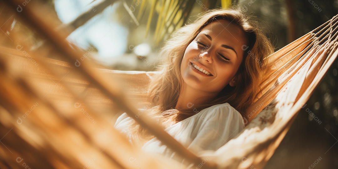 Uma mulher relaxada descansa deitada em uma rede