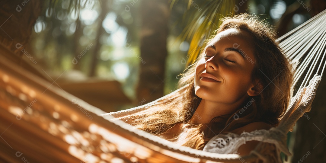 Uma mulher relaxada descansa deitada em uma rede