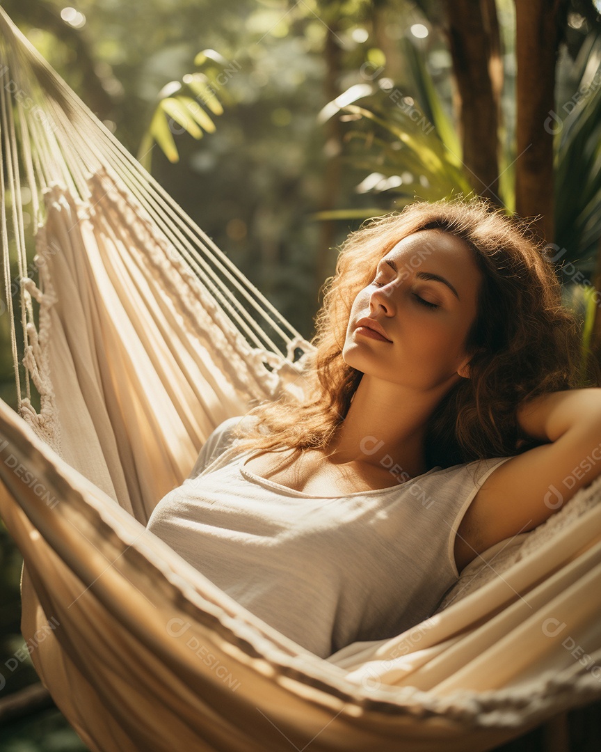 Uma mulher relaxada descansa deitada em uma rede